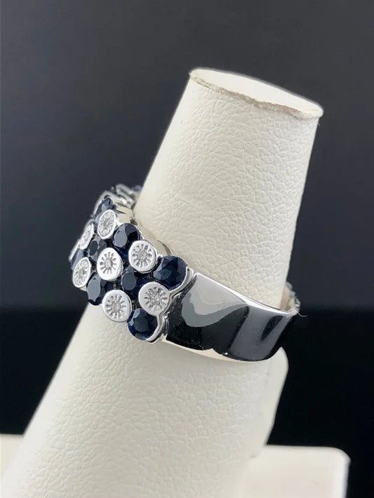 14k White Gold Diamond and Sapphire Wide Band Ring