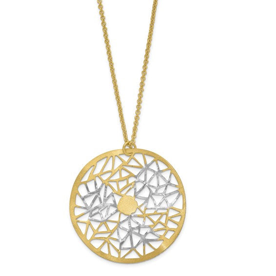 14K Yellow Gold Laser Cut Circle Pendant with Rhodium Accents