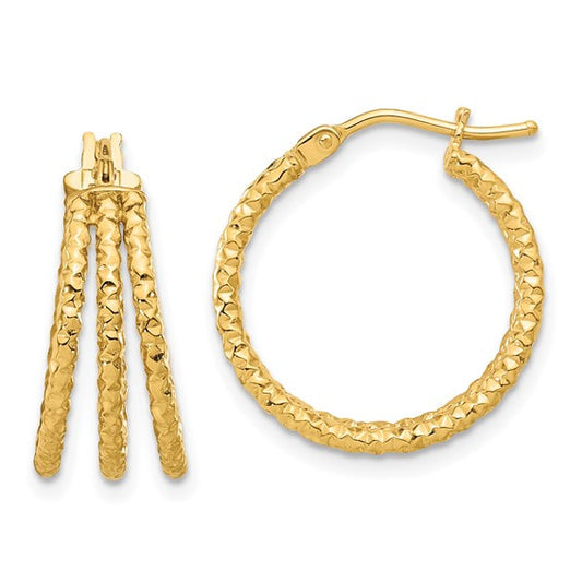 14K Yellow Gold JewlTriple Diamond Cut Hoop Earrings