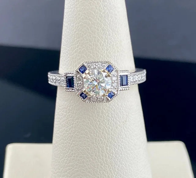Romance Collection 14KW Diamond Engagement Ring with Sapphire Accents